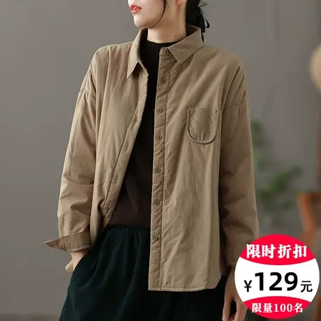 dza 休闲衬衫领轻薄棉衣棉服女冬装外套2022新款宽松短款复古棉袄图片