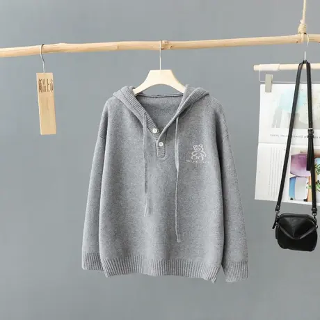 冬装2024年新款时尚洋气连帽针织衫毛衣女宽松打底衫套头刺绣上衣图片