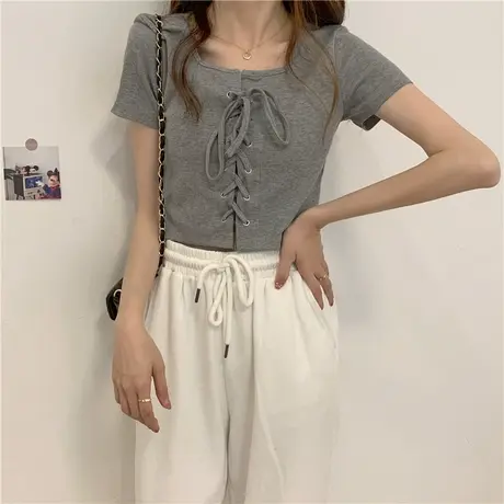 短款上衣女夏大码胖mm新款ins潮短袖T恤设计感小众绑带修身针织衫商品大图