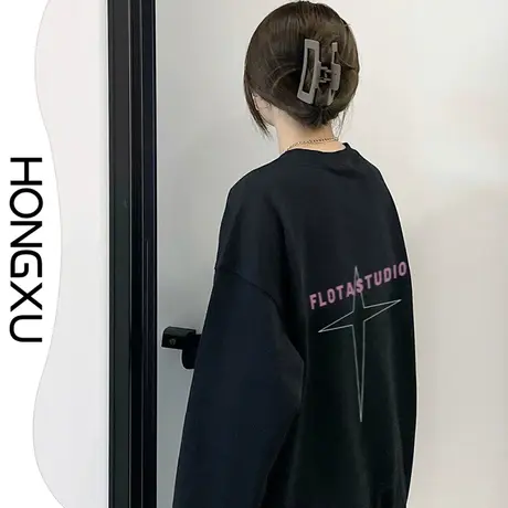 红续美式街头复古风黑色圆领卫衣oversize小众设计印花套头上衣商品大图