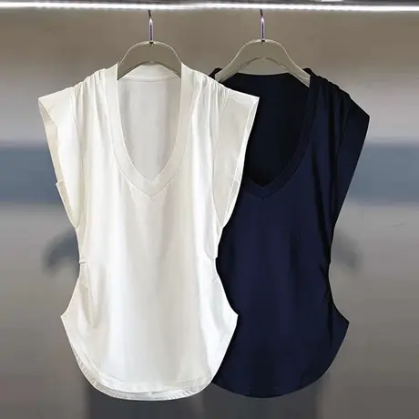 2022夏季新款无袖白色设计感小众T恤修身V领百搭背心外穿上衣女潮图片