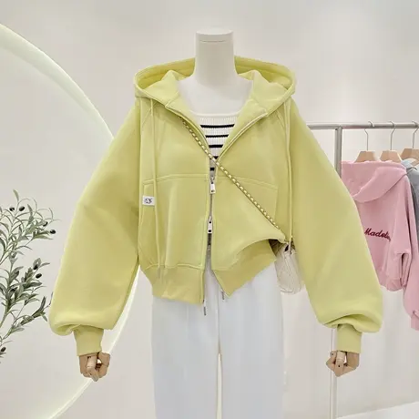 短款开衫外套女韩系设计感小众宽松显瘦双拉链连帽卫衣休闲上衣商品大图