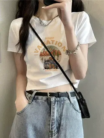仿棉短袖t恤女夏季小众设计感冷淡系高级感独特别致辣妹短款上衣商品大图