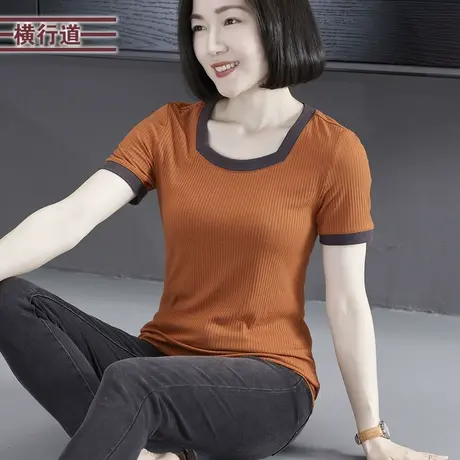 2025夏季新款百搭简约方领撞色修身短袖t恤纯色上衣女中年妈妈装商品大图