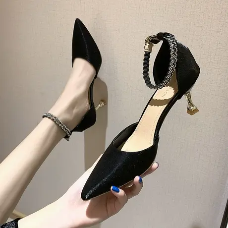 凉鞋女仙女风2024新款夏季时尚百搭水钻尖头一字带高跟鞋细跟单鞋商品大图