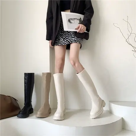 不过膝长靴女春秋2023新款秋季白色厚底长筒靴子小个子高筒骑士靴商品大图
