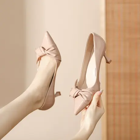 裸色高跟鞋女2024年新款秋季蝴蝶结尖头性感漆皮细跟单鞋气质性感商品大图