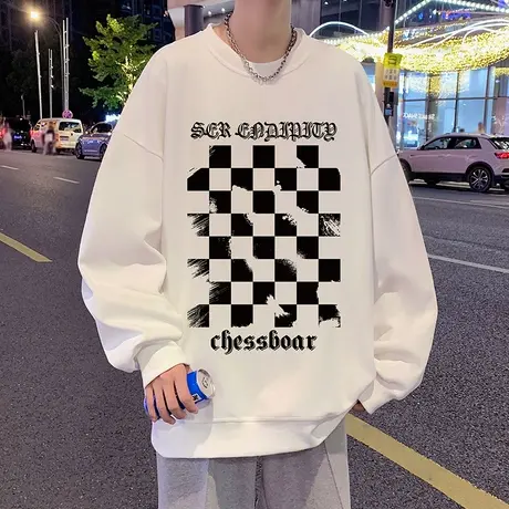 圆领卫衣男春秋季设计感棋盘格印花上衣美式复古大码宽松休闲外套商品大图