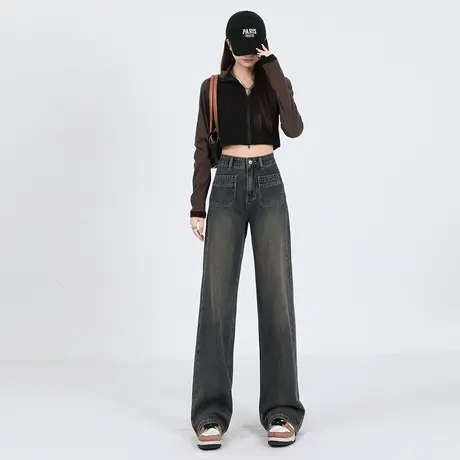 水泥灰高腰加绒牛仔裤女秋冬2023年新款显瘦直筒拖地窄版阔腿裤子商品大图