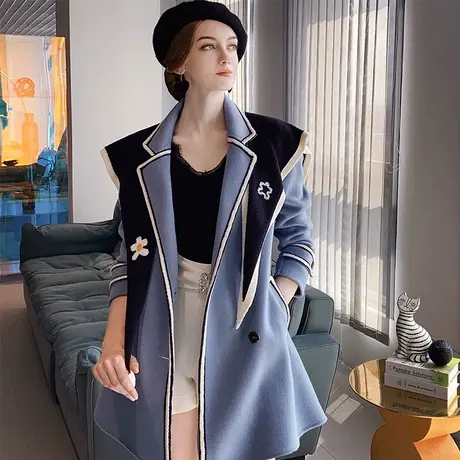 粉红大布娃娃中长款外套双排扣设计感披肩可拆卸小个子大衣女新款图片