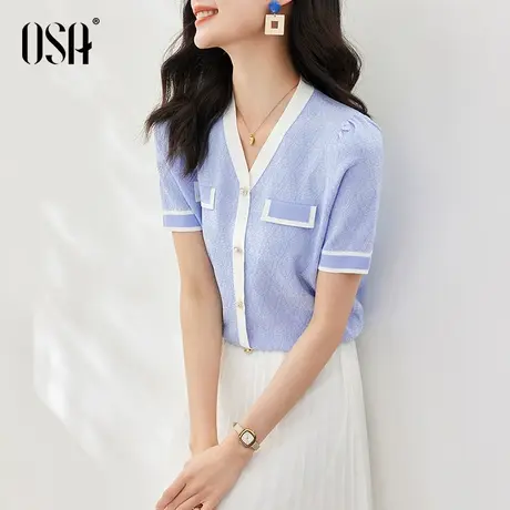 OSA欧莎小香风蓝色短款V领冰丝针织衫女士夏季2023年新款提花上衣商品大图