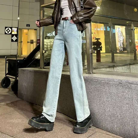 唐狮24年春季新款高街牛仔裤女韩版高腰窄版直筒裤修身显瘦黄泥色商品大图