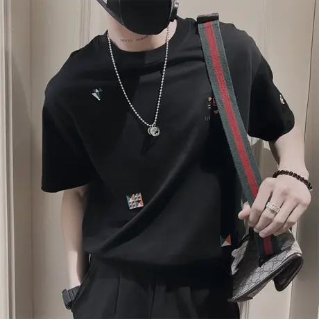 夏季ins潮牌短袖T恤痞帅时尚印花半袖体恤衫2023新款男装刺绣上衣商品大图