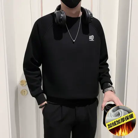 加绒卫衣男冬季潮流保暖加厚宽松套头刺绣男装打底t恤衫简约上衣商品大图
