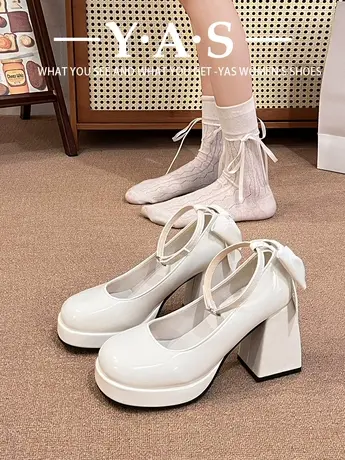 高跟鞋女婚鞋法式一字带玛丽珍鞋防水台粗跟单鞋米白色气质伴娘鞋图片