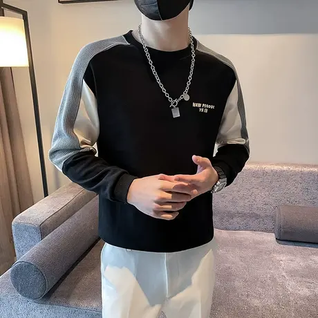 秋季男卫衣t恤打底衫秋衣拼色拼接潮牌长袖修身套头学生潮流体恤商品大图