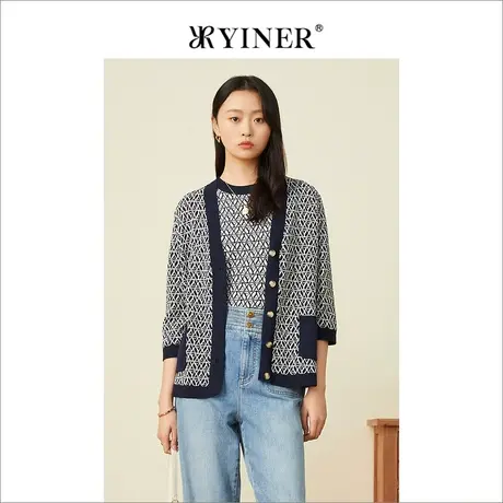 YINER音儿女装夏季字母满印花V领七分袖针织开衫外套商品大图