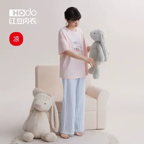 红豆女士睡衣棉质短袖印花套头可外穿长裤薄款宽松凉感家居服套装商品大图