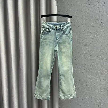 欧货微喇裤女24春季新款复古浅色气质高腰修身显瘦弹力牛仔喇叭裤商品大图