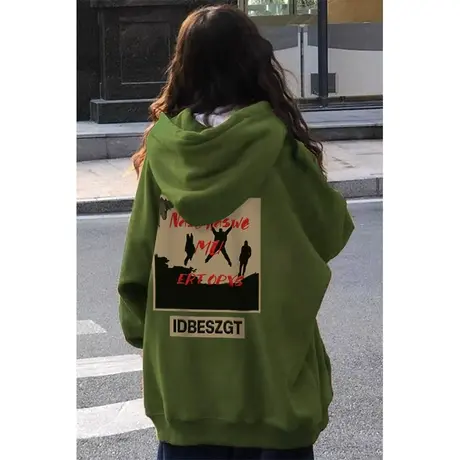军绿色连帽卫衣女2024新款秋冬加绒加厚港味chic宽松小个子外套潮图片