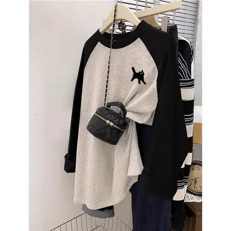 春季薄款内搭2024新款美式复古纯棉长袖T恤女潮ins大码插肩袖上衣商品大图