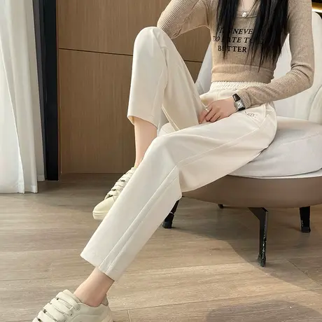 白色刺绣直筒卫裤女春季新款高腰宽松显瘦休闲小个子哈伦萝卜裤子图片