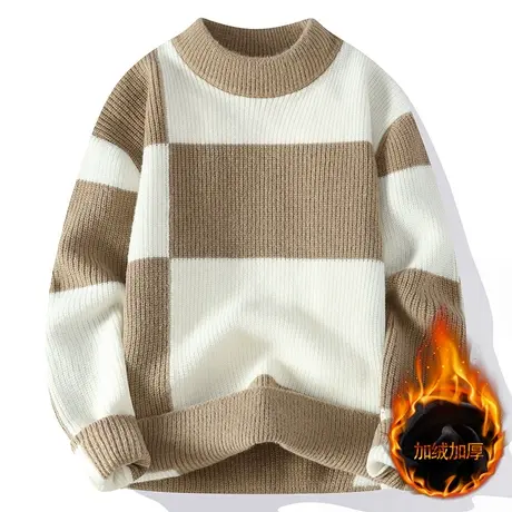 2023秋冬季新款男士加绒加厚针织衫拼块半高领毛衣线衣冬装打底衫商品大图