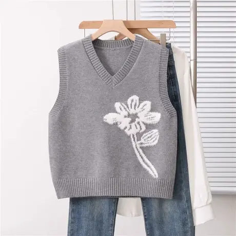 提花V领针织马甲女2024年春季新款宽松内搭洋气针织马夹背心上衣商品大图