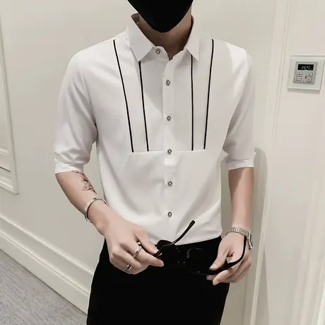 夏季男士英伦绅士衬衣黑色短袖潮设计感发型师时尚帅气七分袖衬衫商品大图