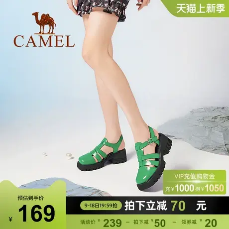 骆驼女鞋夏季新款休闲猪笼鞋罗马凉鞋女真皮厚底粗跟凉鞋女图片