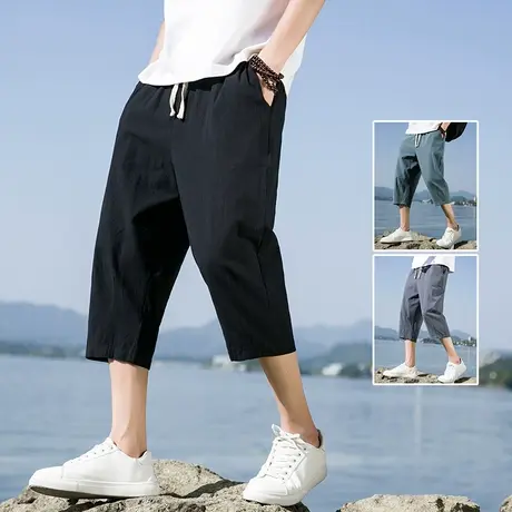 纯棉八分运动休闲裤子男夏季冰丝感潮牌宽松直筒阔腿百搭九分卫裤商品大图