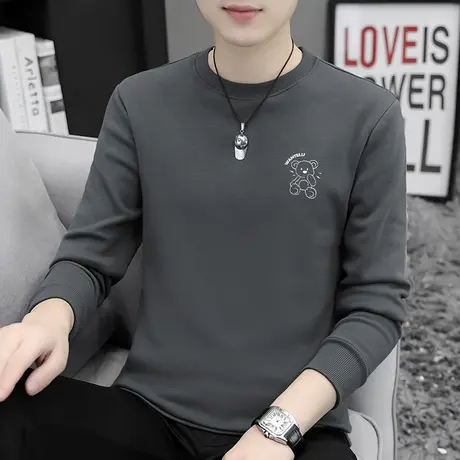 小熊t恤男士长袖纯棉宽松潮流加绒加厚保暖内搭全棉打底衫秋衣服商品大图