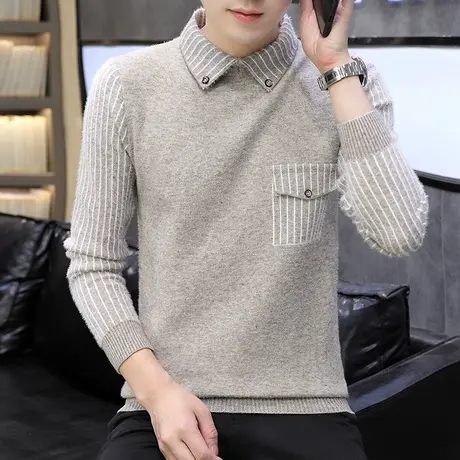 加绒假两件毛衣男士衬衫领加厚仿水貂绒毛衫线衣男装潮流修身背心商品大图