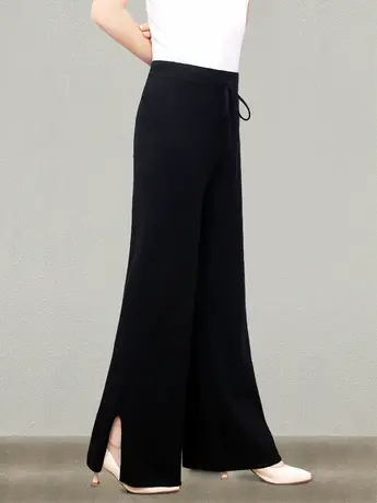 素飞2023新款百搭针织阔腿裤春纯色日常通勤长裤女宽松直筒羊毛裤商品大图