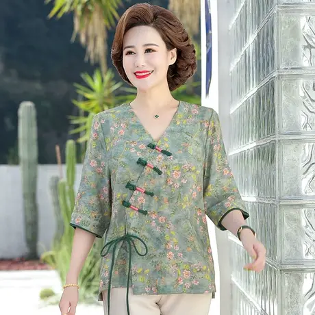 妈妈春装复古民族风汉服衬衫2023新款夏装套装中老年女七分袖上衣商品大图