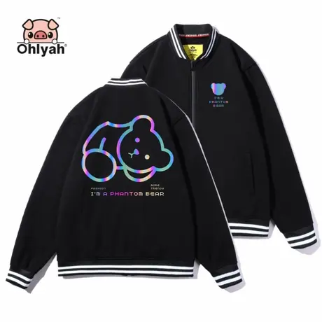 小熊反光卫衣加绒外套女拉链开衫棒球服上衣情侣装宽松班服定制潮商品大图