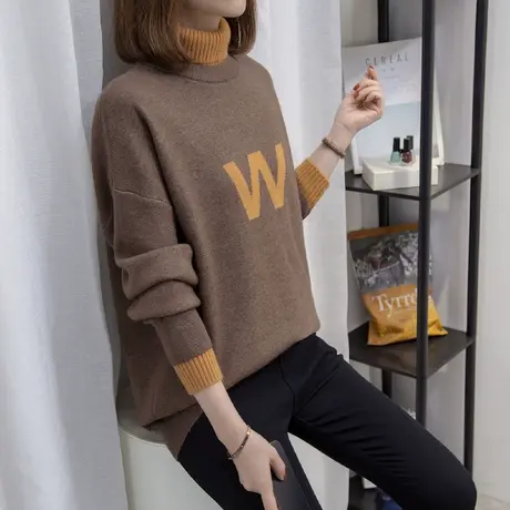 高领毛衣女假两件打底衫2023秋冬新款宽松套头外穿上衣内搭针织衫图片