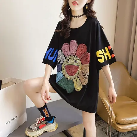 纯棉短袖T恤女装宽松2023年新款秋季洋气中长款设计感打底衫爆款商品大图