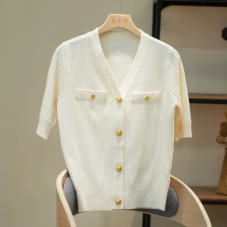 享永子短袖针织开衫女春秋文艺复古宽松通勤气质针织上衣2023新款商品大图