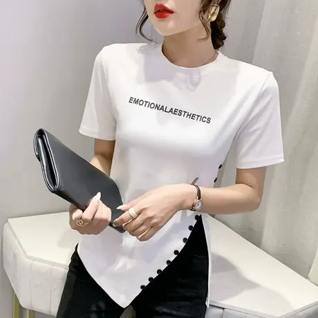 时尚开杈T恤女短袖夏装不规则分叉上衣洋气收腰修身丅恤半袖ins潮图片