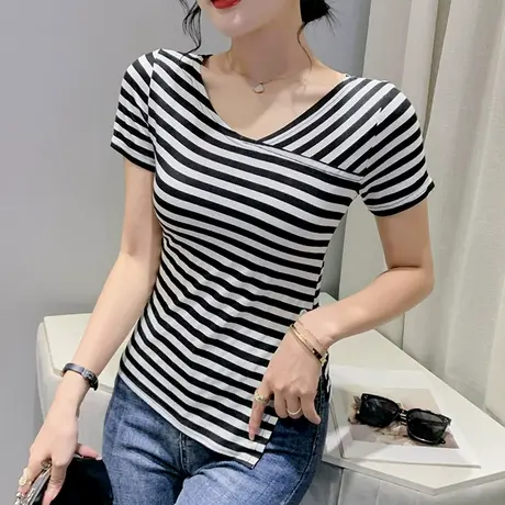 时尚条纹T恤女短袖性感V领洋气打底小衫欧货不规则开叉下摆上衣夏商品大图