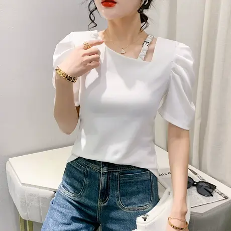时尚泡泡袖女装网红设计感小众T恤短袖百搭显瘦上衣气质修身小衫商品大图
