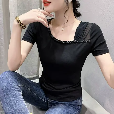 性感斜领T恤女短袖2023夏装新款别致钉珠上衣性感网纱拼接小衫潮商品大图
