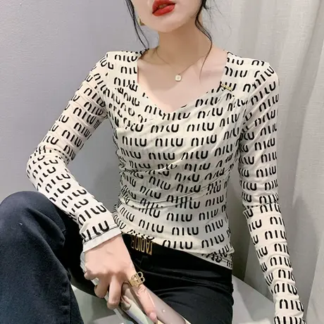 时尚印花T恤女长袖秋装2023新款洋气网纱打底衫内搭设计感上衣ins商品大图