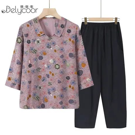 妈妈春夏季新款洋气中老年女装棉绸套装奶奶T恤半袖宽松大码上衣商品大图