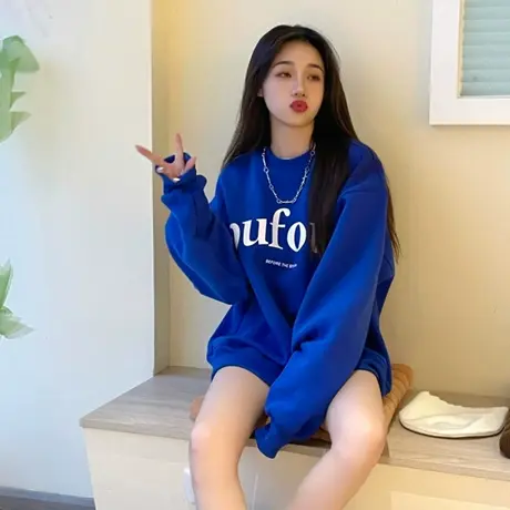 克莱因蓝圆领卫衣女2023秋冬冬新款oversize宽松中长款遮屁股上衣图片