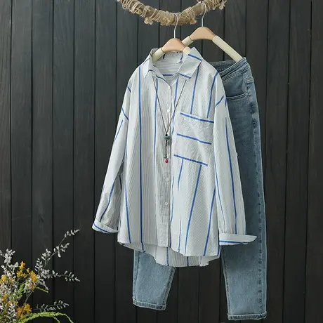 条纹衬衫女2022春秋新款文艺宽松百搭休闲长袖上衣设计感小众衬衣商品大图