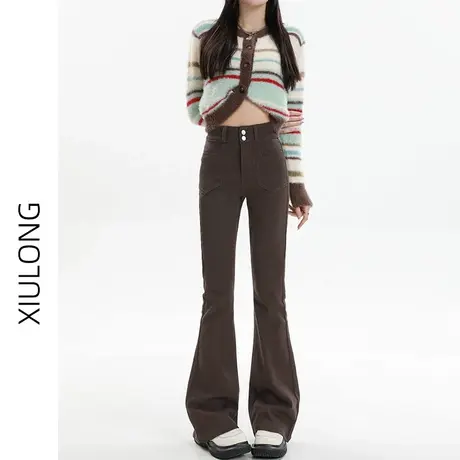 咖啡色高腰微喇牛仔裤女春秋季2023年新款显瘦美式高街马蹄喇叭裤商品大图