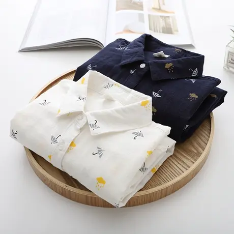 早秋新款休闲文艺小清新宽松碎花双层棉纱白色衬衫女长袖百搭上衣商品大图