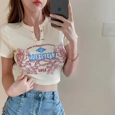 ins超火短款短袖T恤女夏装韩版潮网红学生高腰露脐宽松半袖上衣服商品大图